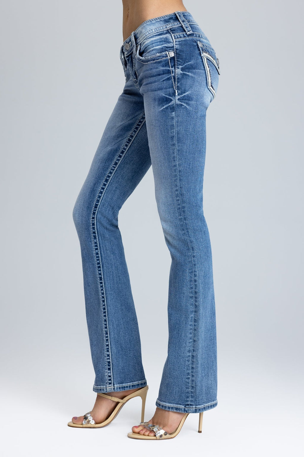 Halo Border Stitched Low Rise Bootcut Jeans