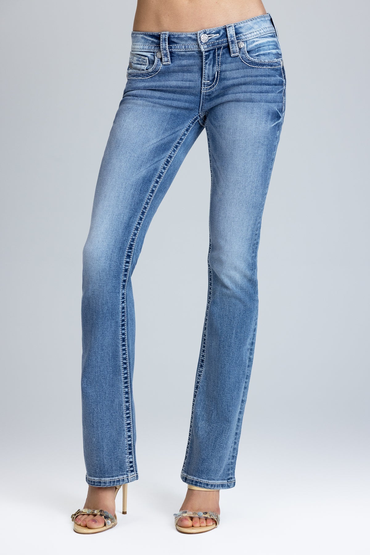 Halo Border Stitched Low Rise Bootcut Jeans